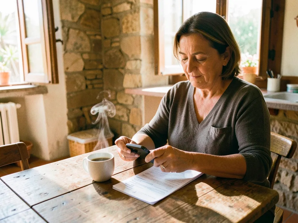 A woman with her paper lab report and her phone at the kitchen table