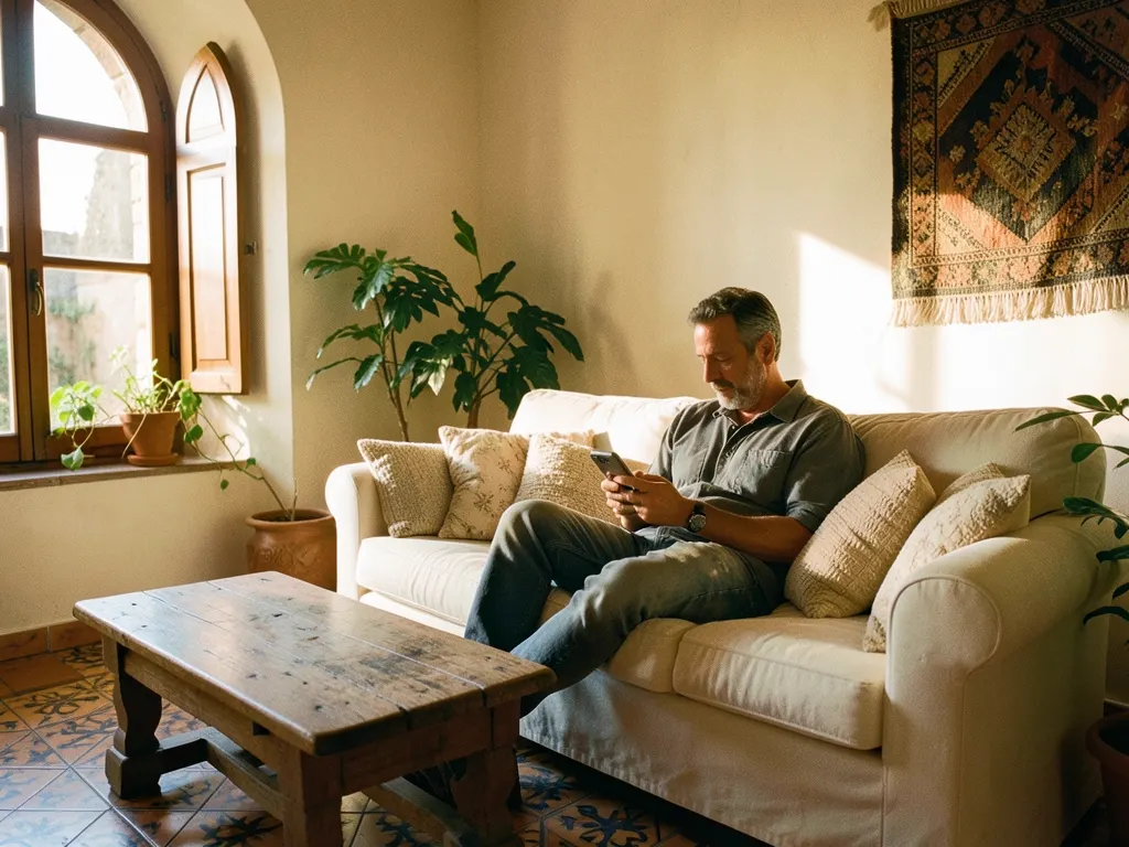 A man reads on his phone, relaxed, on the sofa by the window