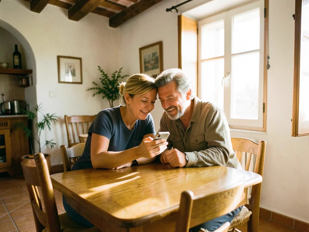 A couple look at a phone together at the dining table