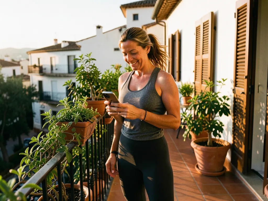 A woman looks at her phone on her balcony after a run