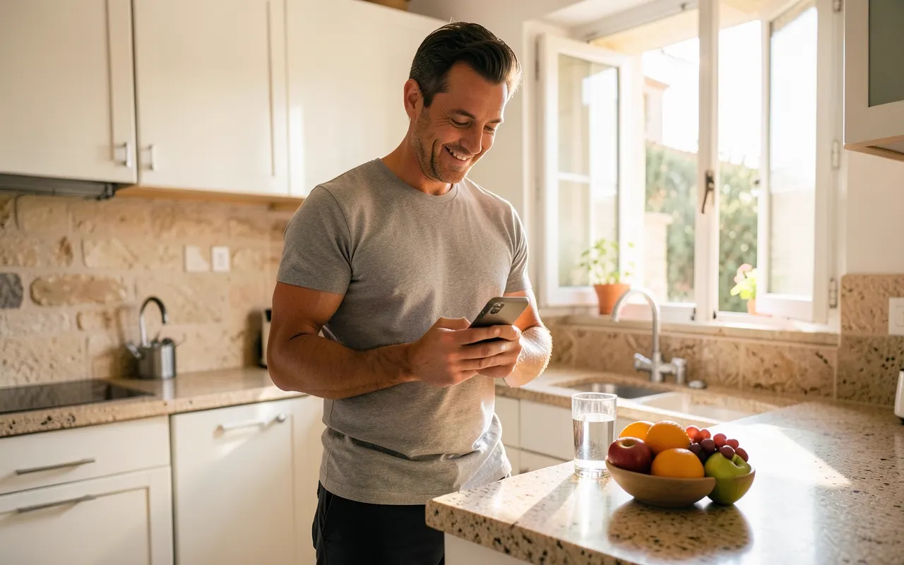 A man smiles at his phone in his kitchen, in the morning