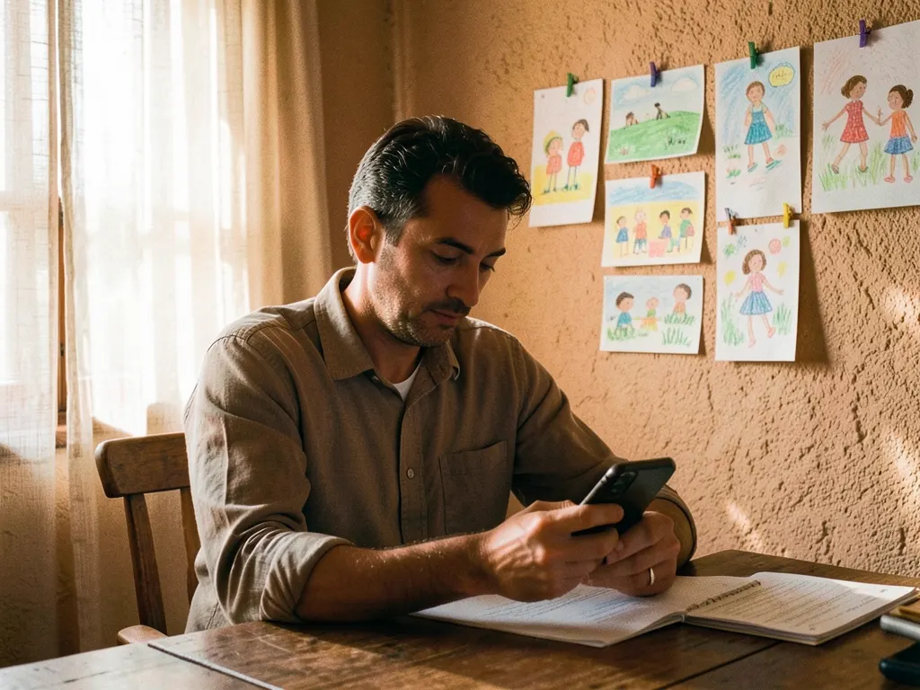 A father answers a questionnaire on his phone; behind him, his kids' drawings
