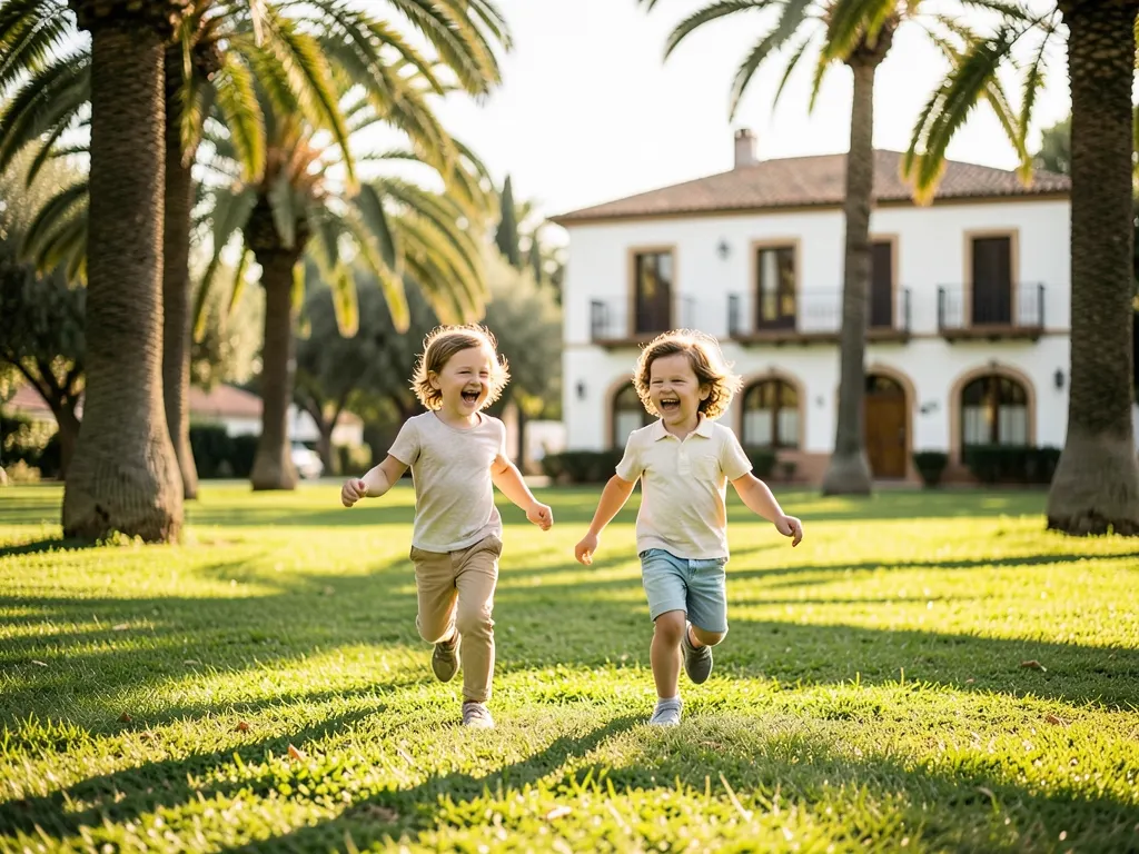 Two kids run across the grass in a park at sunset