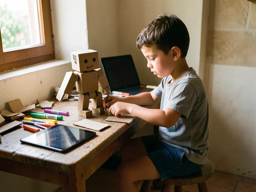 A boy concentrates on building a cardboard robot at his desk