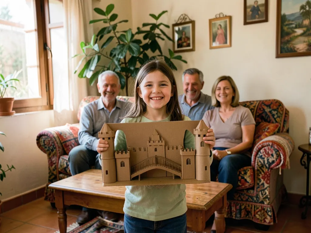 A girl shows her finished project to her family