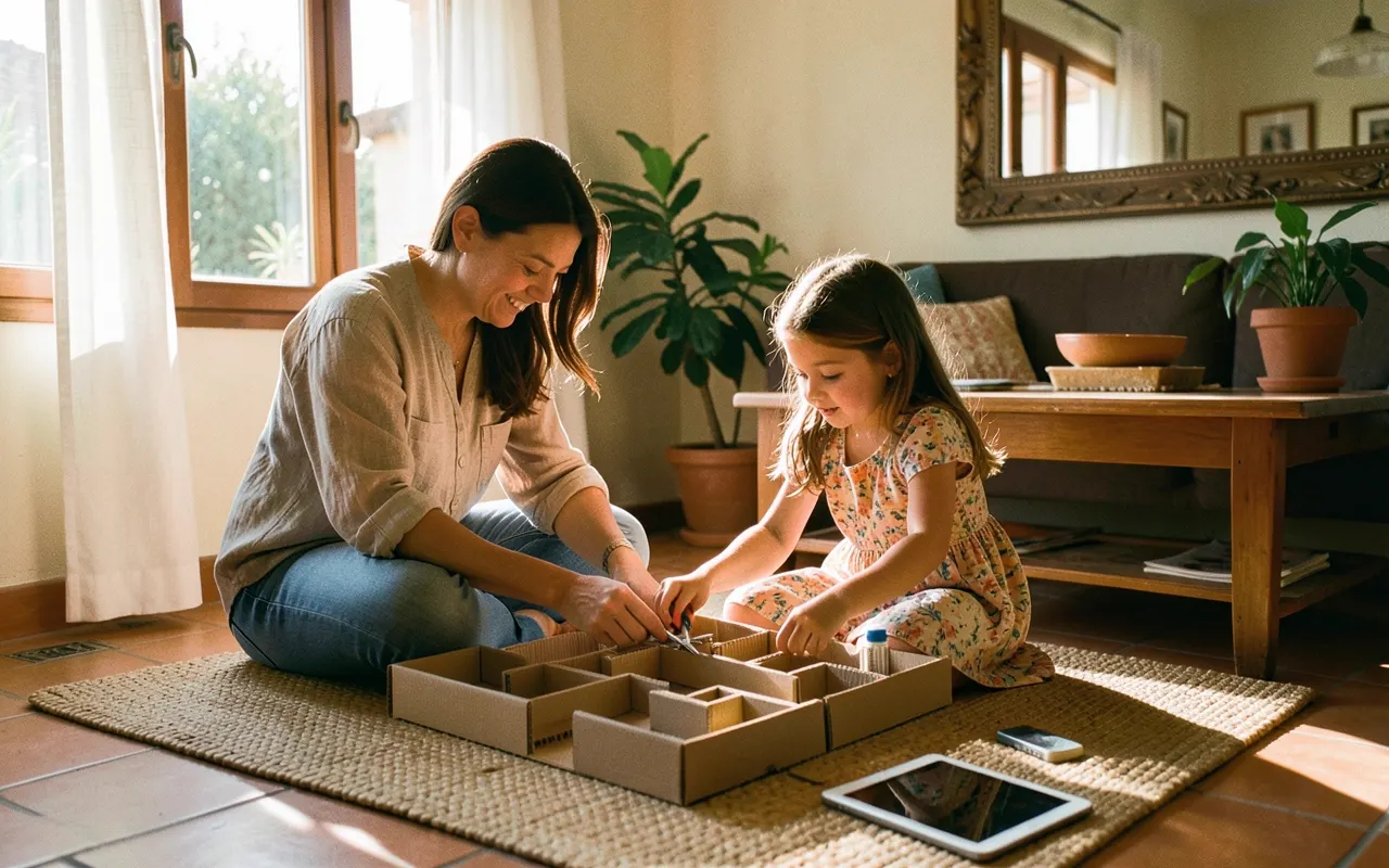 A mother and daughter build a cardboard maze on the living room floor