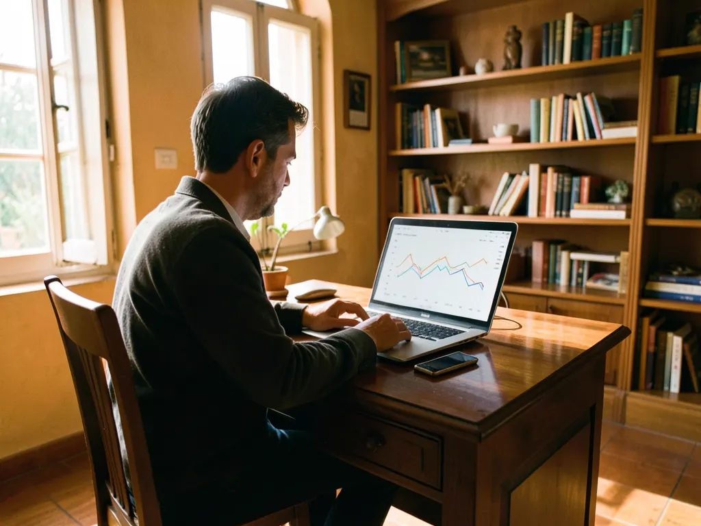A man looks at an electricity usage chart on his laptop