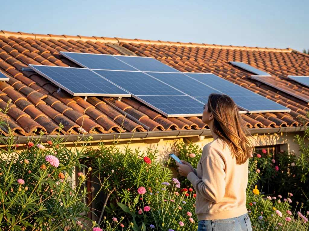 Solar panels on a tiled roof; in the garden, a woman looks up at them