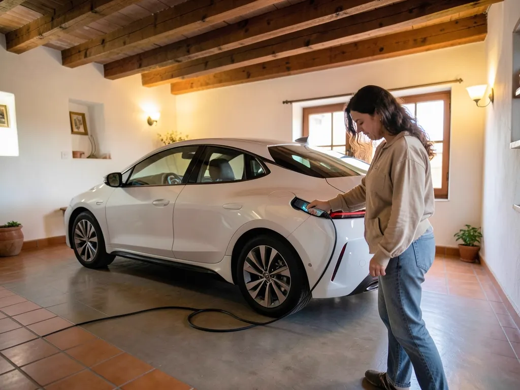 A woman plugs in her electric car in the garage at night