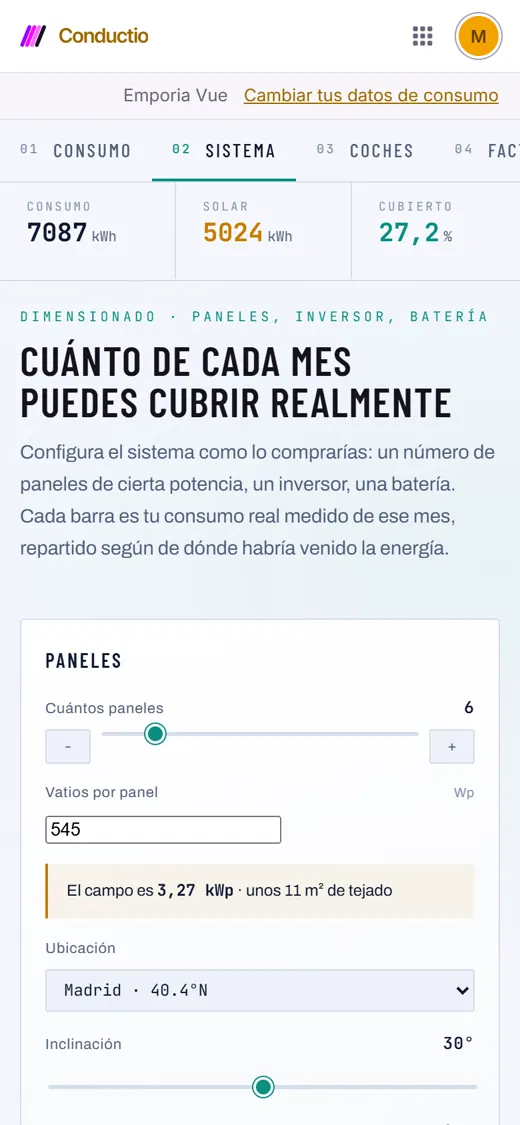 Conductio's System screen: panels, inverter and battery