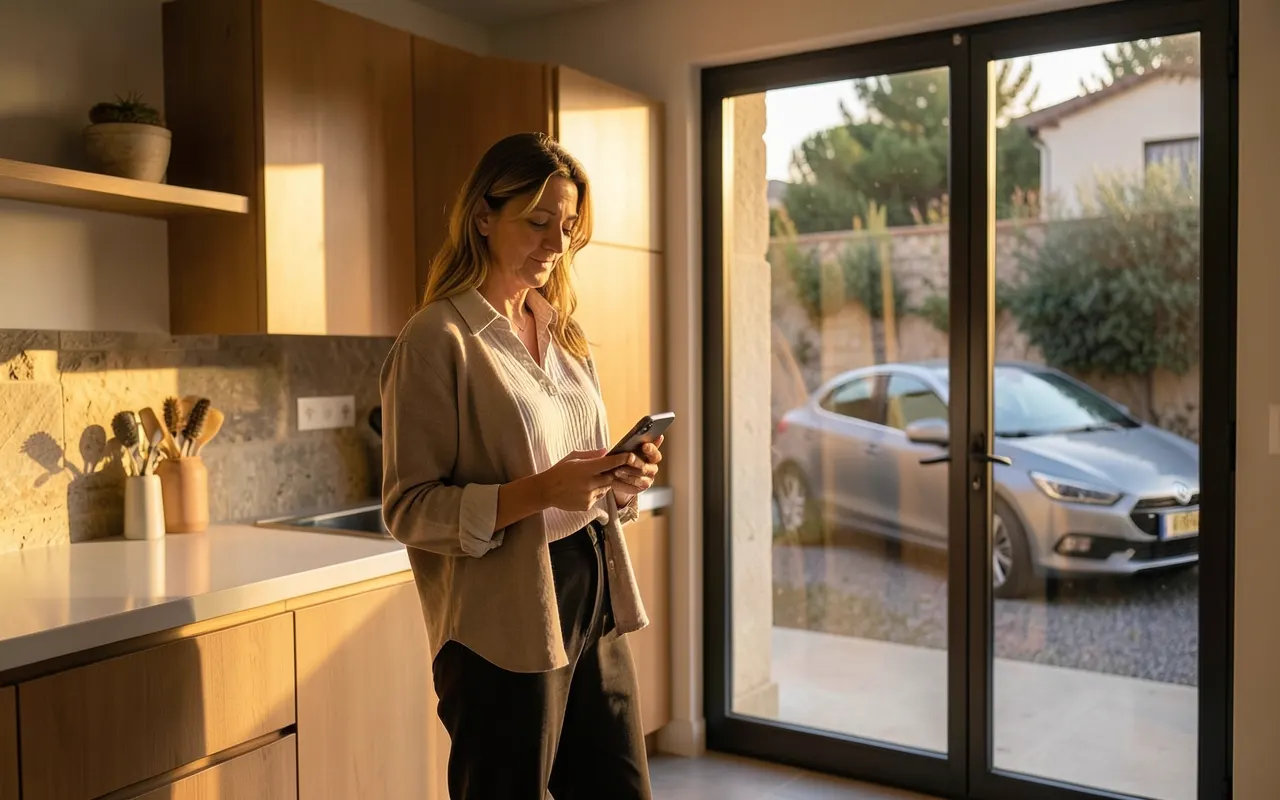 A woman checks her phone in the kitchen; outside, an electric car is parked
