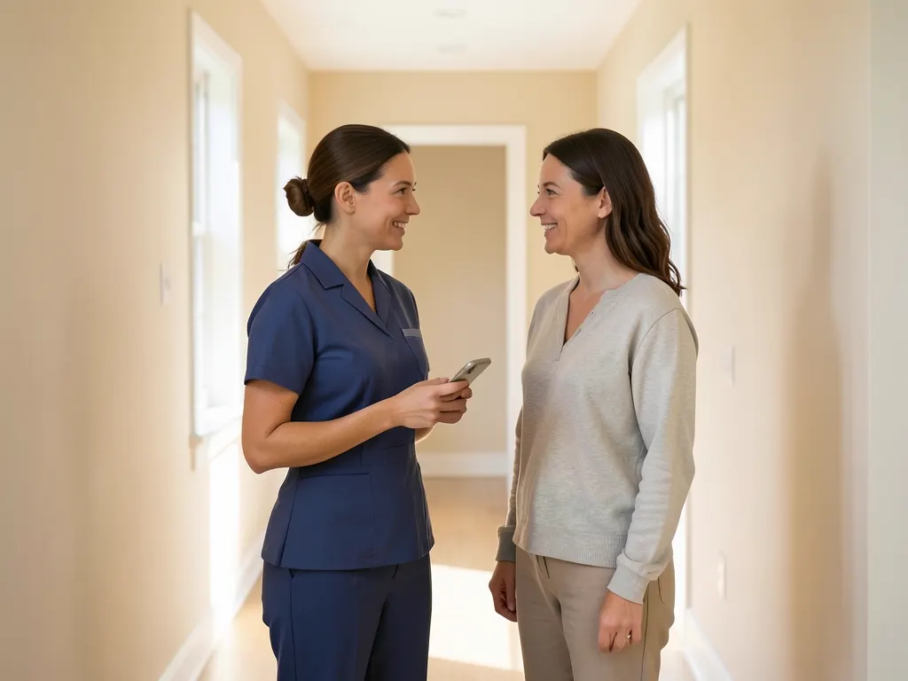 The homeowner and the cleaner talk in the hallway