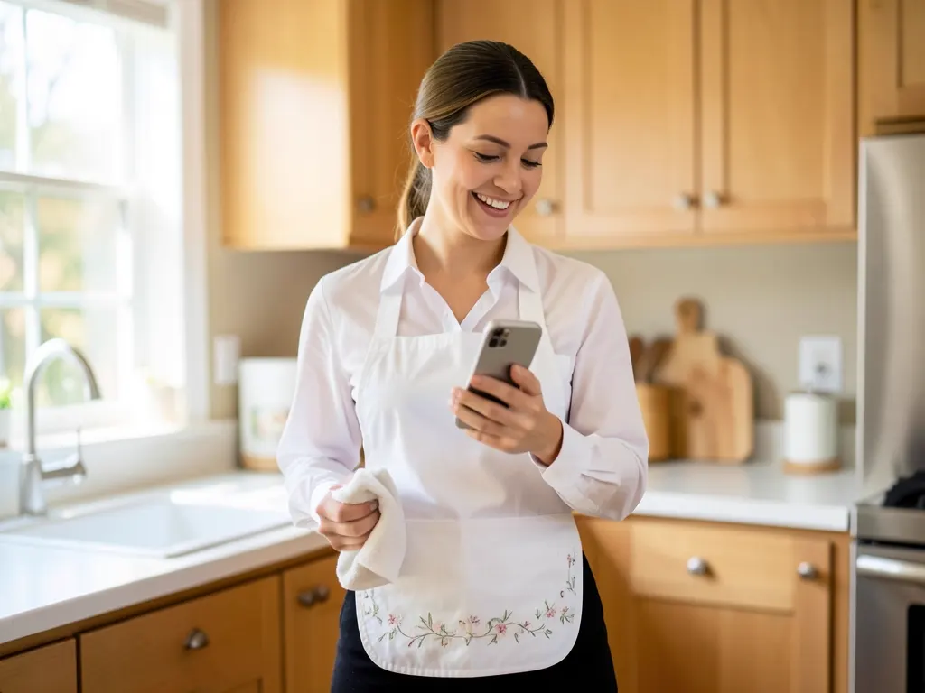 A household cleaner checks her list for the day in the kitchen