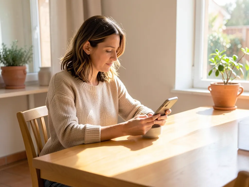 A woman plans the week on her phone at the table