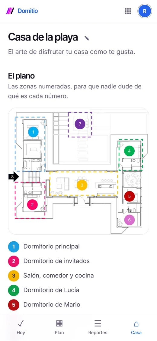 Domitio screen with the floor plan and its numbered areas