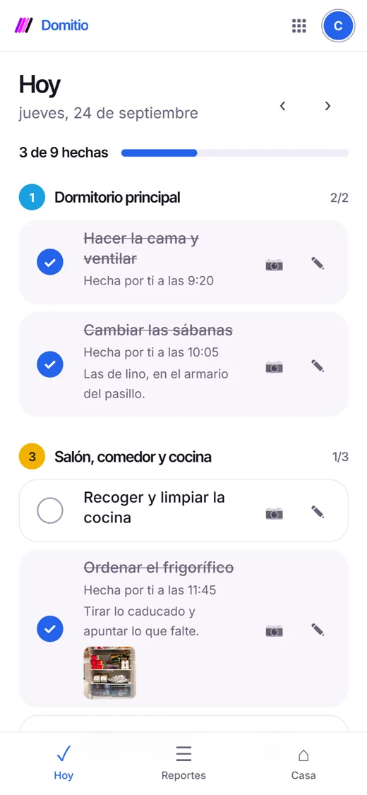 Domitio's Today screen: the day's jobs by room, some ticked off