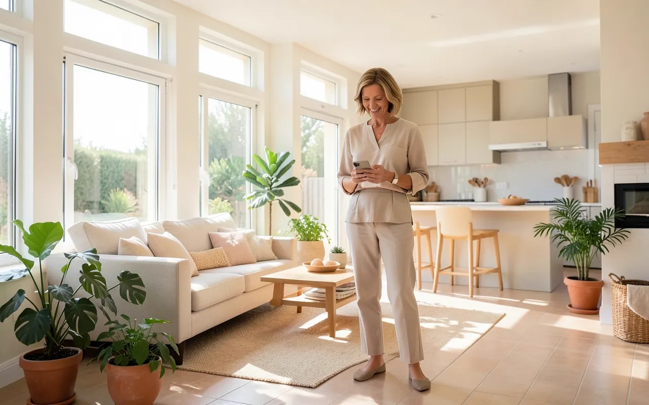 A woman checks Domitio on her phone in her tidy living room