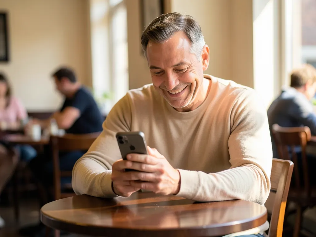 A man reads his home's report on his phone in a café