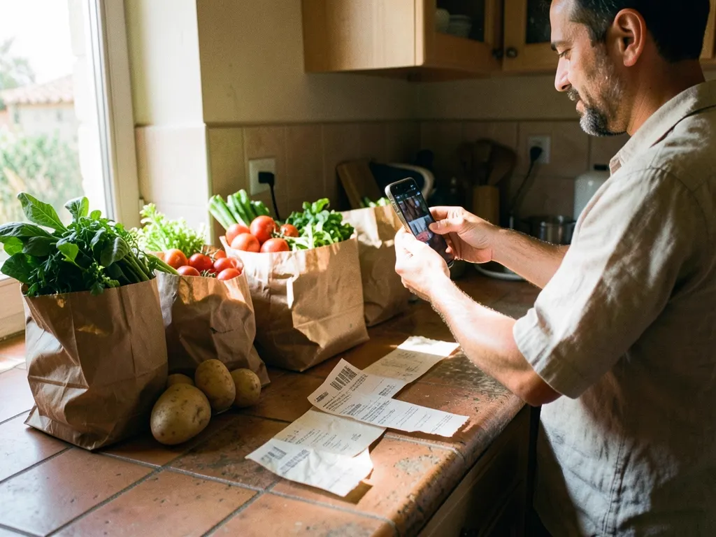 A man photographs a shopping receipt on the worktop, next to the bags