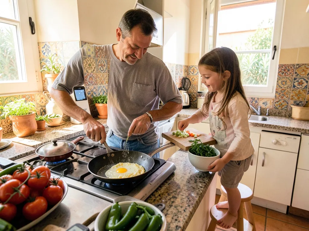 A father and his daughter make a vegetable omelette