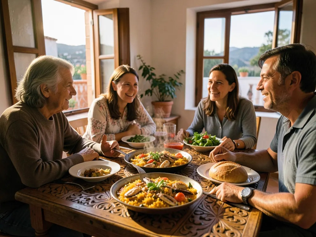 A family of four having dinner at a wooden table