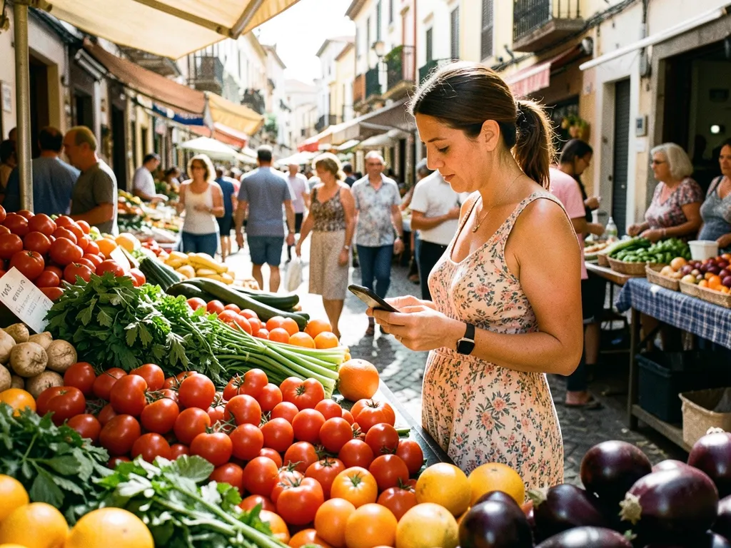 A woman picks tomatoes at a market with her phone in her hand