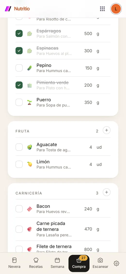 Nutritio shopping list with items ticked off