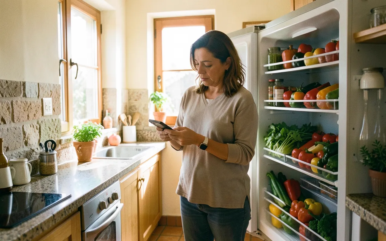A mother checks her phone with the fridge door open, full of vegetables